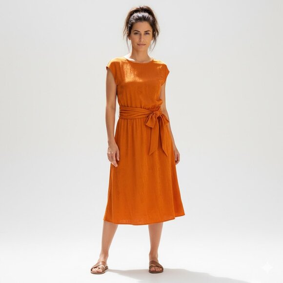 Zara orange jacquard tie front short sleeve long maxi dress Sz Small - Picture 3 of 7